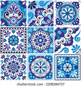 Vector de baldosas estilo talavera mexicano, colección azul marino, azulejos índigo decorativos con flores, remolinos inspirados en el arte folclórico de México. Diseño repetitivo textil ornamental  