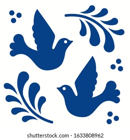 Mexican talavera tile pattern with birds. Ornament in traditional style from Puebla in classic blue and white. Floral ceramic composition with flower, dot and leaves. Folk art design from Mexico.