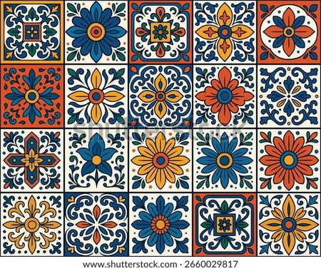 Mexican Talavera Tile Pattern Collection for home decor, textiles, wrapping paper, digital prints, backgrounds, and festive crafts inspired by Mexican culture.