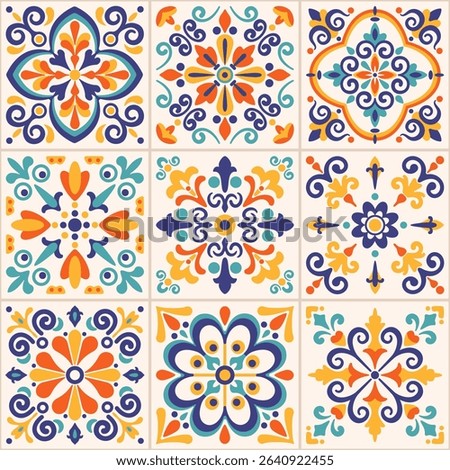 Mexican talavera tile pattern with floral motifs, pastel colors. Mediterranean, Portuguese, Spanish traditional vintage ceramic majolica. Arabesque ethnic folk ornament. Vector illustration