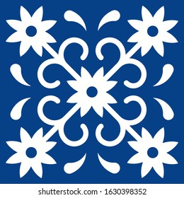 Mexican talavera tile pattern. Ornament in traditional style from Puebla in classic blue and white. Floral ceramic composition with flower, dot and leaves. Folk art design from Mexico.
