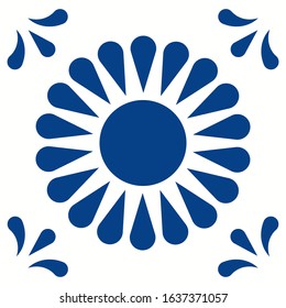 Mexican talavera tile pattern. Ornament in traditional style from Puebla in classic blue and white. Floral ceramic composition with flower, dot and leaves. Folk art design from Mexico.