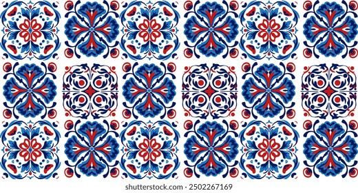 Mexican talavera tile vector seamless pattern collection, design in different size and style in blue and red colors, ideal for wallpaper, textile or fabric print