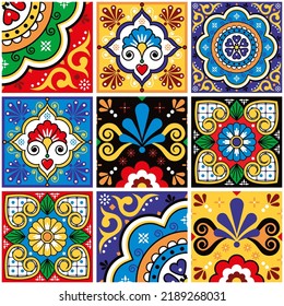 Mexican talavera tiles vector seamless pattern with flowers leaves, hearts and swirls - big set, repetitive design styled as Mexican ornamental tiles. Traditional Mexican folk art background 