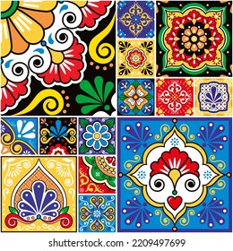 Baldosas de talavera mexicana vectorial colección de patrones sin fisuras, diferente tamaño y estilo conjunto de diseño colorido, perfecto para papel de pared, impresión textil o de tela. 
Gran ornamento retro frío con flores, hojas 