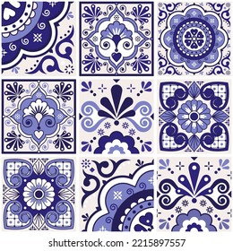 Mexican talavera tiles vector seamless navy blue pattern with flowers leaves, hearts and swirls - big set, repetitive design styled as Mexican ornamental tiles. Traditional moochrome Mexican folk art 