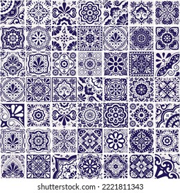 Mexican talavera tiles vector seamless pattern- big 49 different navy blue design set, perfect for wallpaper, textile or fabric print. 
Indigo repetitive ornament with flowers, leaves and swirls