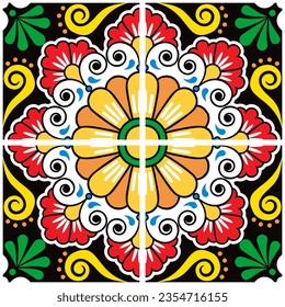 Mexican talavera vector tile design set - colorful seamless patterns with flowers and swirls on black background. Traditional Mexican repetitive four tile collection backgorund, retro home decor

