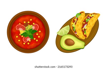 Mexican tasty dishes set. View from above of traditional food served on plates vector illustration