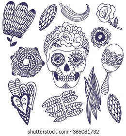 mexican tattoo woman scull set flower pepper heart objects