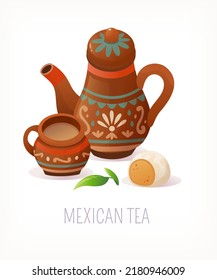 Mexican tea served in traditional clay teapot and ornate cup with classic biscuits. Vector illustration of tea serving. Design element for menus, posters and tea party invitations.