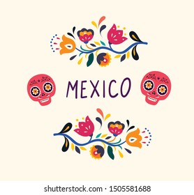 Mexican template with floral ornaments and skulls