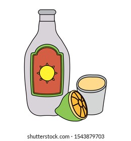 mexican tequila bottle and cup with lemon vector illustration design