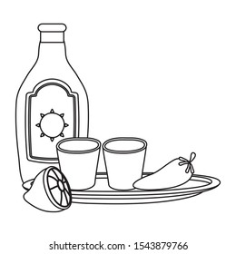 mexican tequila bottle and cup with lemon vector illustration design