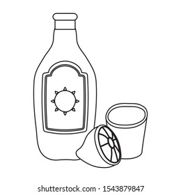 mexican tequila bottle and cup with lemon vector illustration design