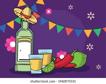 Botella y tazas de tequila mexicana