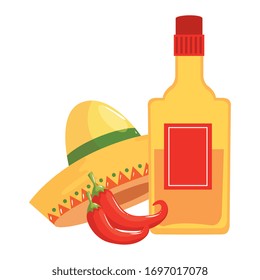 Mexican tequila bottle hat and chillis design, Mexico culture tourism landmark latin and party theme Vector illustration