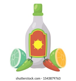 mexican tequila bottle with lemon and chili peper vector illustration design