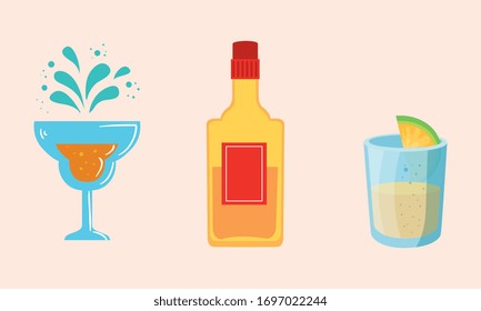 Mexican tequila bottle shot and lemon design, Mexico culture tourism landmark latin and party theme Vector illustration