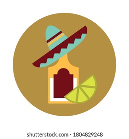mexican tequila bottle sombrero and lemon traditional block and flat icon vector illustration