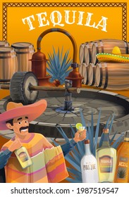 Mexican tequila drink production. Cartoon vector man in sombrero and poncho, drinking tequila with lime, blue agave plant, tahona mill and pot still, barrels, mezcal, tequila and pulgue bottles