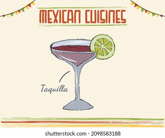 Mexican Tequila glass, a cocktail, drinking glass of Mexican famous drink. Vector drawing Mexican isolated dish colored vector doodle. Mexican cuisine set.