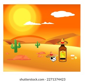 Mexican tequila in the middle of the hot desert. Wines and spirits. Agave products. Vector illustration.