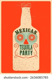 Tequila partido tipográfico vintage grunge estilo cartaz design com silhueta crânio. Ilustração de vetor retrô.
