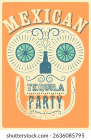 Tequila partido tipográfico vintage grunge estilo cartaz design com silhueta crânio. Ilustração de vetor retrô.
