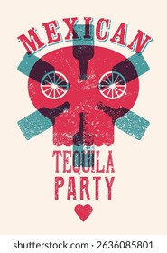 Tequila partido tipográfico vintage grunge estilo cartaz design com silhueta crânio. Ilustração de vetor retrô.