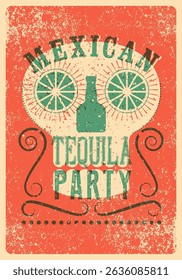 Tequila partido tipográfico vintage grunge estilo cartaz design com silhueta crânio. Ilustração de vetor retrô.
