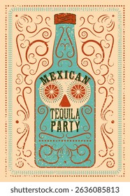 Tequila partido tipográfico vintage grunge estilo cartaz design com silhueta crânio. Ilustração de vetor retrô.
