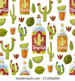Mexican tequila seamless vector pattern. Traditional alcohol bottle and shot glass with lime slice and cactus illustration. Cartoon beverage hand drawn art on a white background in a flat style.