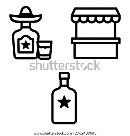 Mexican Tequila Spirits and Market Stall Line Icons for Street Food and Bar