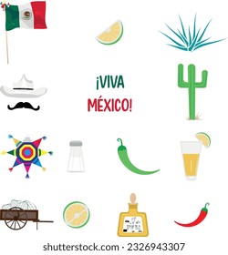 Mexican Tequila Vector Elements: Cactus, Agave, Lime, Tequila Shots, Mexican Flag. Illustration for Patterns, Designs, Invitations, Events.