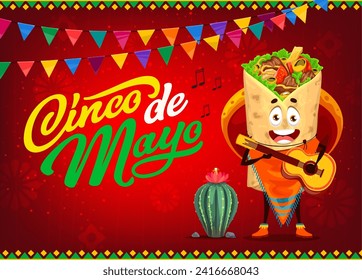 Caricatura mexicana de Tex Mex con burrito mariachi en la bandera de Cinco de Mayo. Cartel de invitación de feriado latino, afiche del vector Cinco de Mayo con cocina mexicana alegre burrito personage tocando guitarra