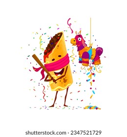 Mexican tex mex chimichanga character on holiday party. Isolated vector food personage hitting festive pinata donkey with bat admist falling colorful confetti during birthday or carnival celebration svg