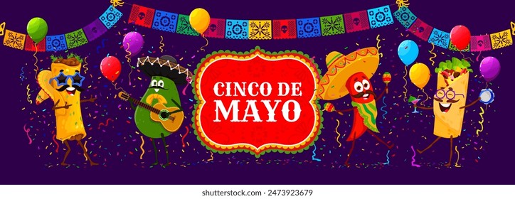 Mexikanische Tex Mex Cuisine Figuren auf Cinco de Mayo Urlaub Banner. Cartoon Burrito Sandwiches, Chili Pfeffer und Avocado Vektorgrafik Persönlichkeiten mit Sombrero, Gitarre, Maracas und Papel Picado Fahnen Girlande