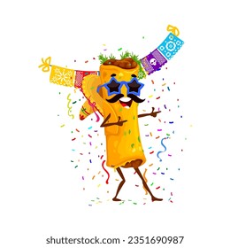 Mexican Tex Mex enchilados character on holiday party. Birthday holiday celebration party cartoon vector cheerful personage of Mexican food enchilados meal dancing in sombrero hat and sunglasses