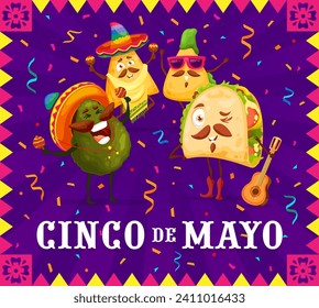 Mexican Tex Mex food characters. Cinco de Mayo holiday party banner. Mexican national carnival or festival vector invitation card with avocado, taco and nacho mariachi musician cheerful personages