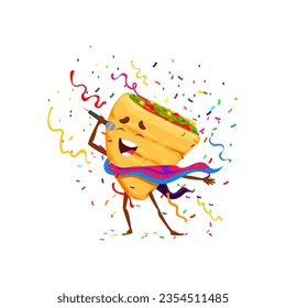 Mexican tex mex quesadilla character on holiday party. Isolated vector funny food personage singing with microphone admist colorful falling confetti during karaoke recreation or fiesta performance