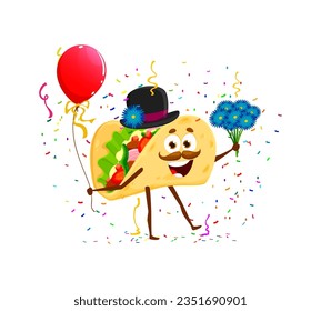 Mexican Tex Mex taco character on holiday party. Kids birthday celebration vector happy character of taco Mexican fast food meal funny personage in bowler hat, holding balloon and flowers bouquet