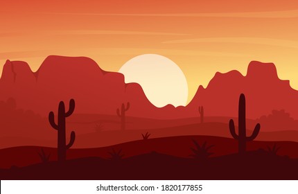 Mexican, Texas or Arisona desert nature landscape vector illustration. Cartoon flat dry desert scenery with mountain rocks dunes, cactuses, wild hot natural west prairie scene, wilderness