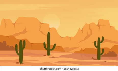 Mexican Texas or Arisona desert nature landscape vector illustration. Cartoon flat dry desert scenery with mountain rocks dunes, cactuses, wild hot natural west prairie scene, wilderness