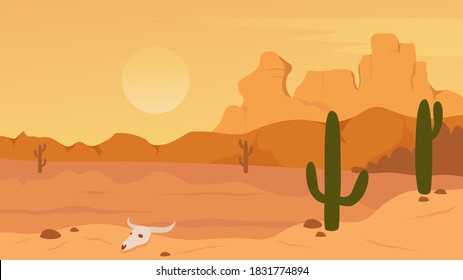 Mexican, Texas or Arisona desert nature landscape vector illustration. Cartoon flat dry desert scenery with mountain rocks dunes, cactuses and skull, wild hot natural west prairie scene, wilderness.