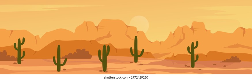 Mexican Texas or Arisona desert nature wide panorama prairie scene landscape vector illustration. Cartoon dry desert scenery with mountain rocks, dunes and cactuses