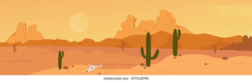 Mexican, Texas or Arisona desert nature wide panorama landscape vector illustration. Cartoon flat dry desert scenery with mountain rocks dunes, cactuses, wild hot west prairie scene, wilderness.