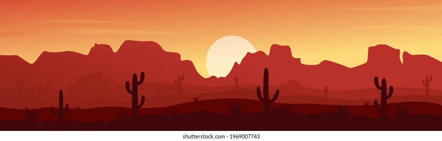 Mexican, Texas or Arizona desert nature at sunset. Night vector illustration. Cartoon flat natural deserted Mexico landscape mountain canyon silhouettes, dunes, cactuses and dry plants