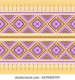 Mexican Textile Pattern Traditional Ethnic Border Design Colorful Geometric Zigzag Stripes Yellow Purple Pink Woven Fabric Background Tribal Folk Art Decorative