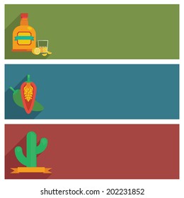 mexican themed horizontal banners with decorations, isolated on white